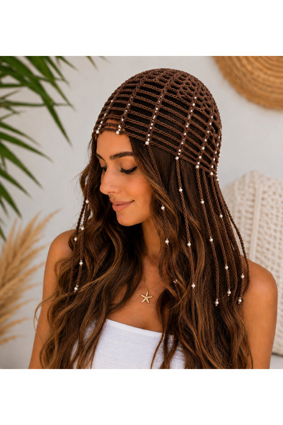 Handmade El örgüsü Yazlık Bere- İnci detaylı
