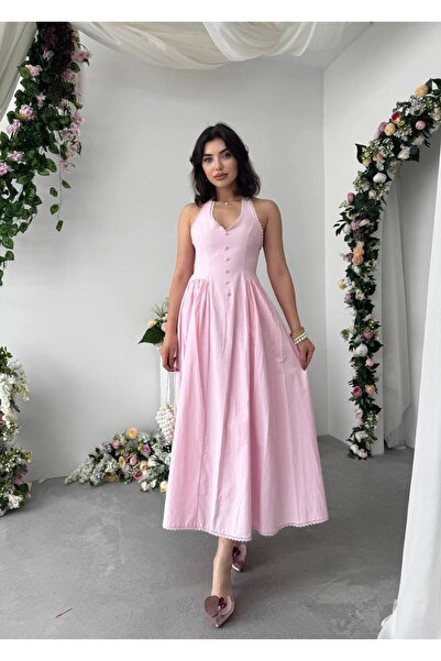 Genel Markalar Düğme Detaylı Poplin Midi Elbise