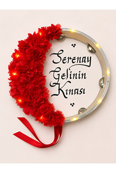 ELYNA Kırmızı Ledli Şeffaf Gelin Tefi, Çiçekli 32 cm, Kına Düğün Sünnet Düğün...