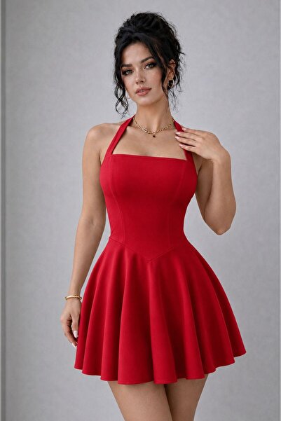 Lucky Line Kiva Women's Halter Neck Diver Fabric Mini Dress, Fit Cut Stylish ...