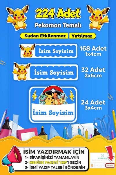 SB store Okul Kreş Kişiye Özel isim Etiket Seti Pokemon Temalı - Model 695