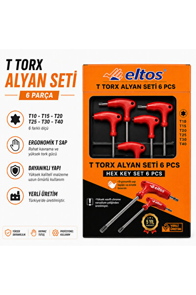 Eltos T Torx Alyan Seti 6'lı Profesyonel T Saplı Torx Anahtar Takımı Yıldız B...