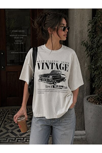 Vordevia Tricou oversize din bumbac imprimat cu design vintage