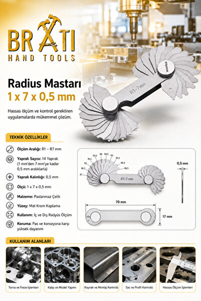 BRATİ HAND TOOLS Radius Mastarı 1 x 7 x 0,5 mm Radyus Mastarı