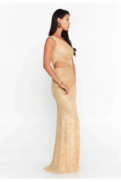 1way One-Shoulder Gold Sequin Evening Dress