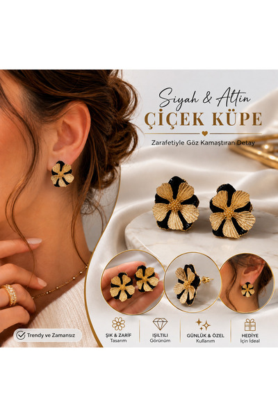 kasımoğulları concept Black & Gold Flower Design Big Size Women's Earrings