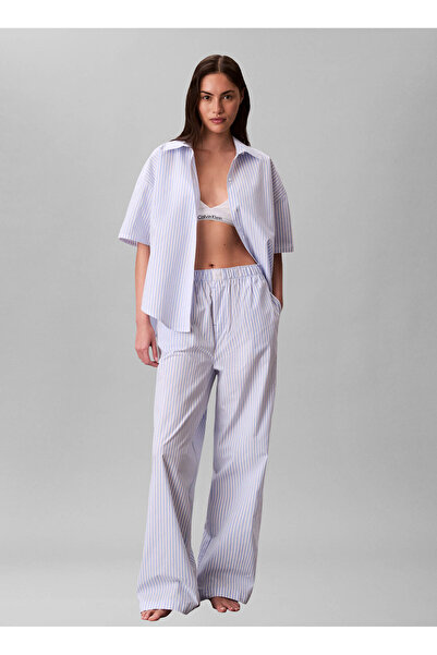 Calvin Klein Mavi Kadın Standart Fit Çizgili Pijama Üst RELAXED POPLIN SS SHIRT
