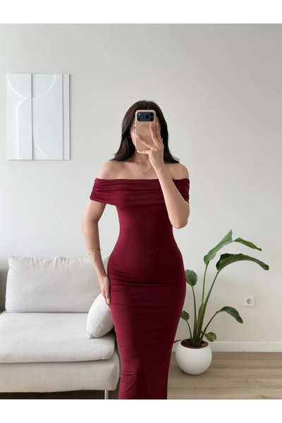 Zoom Butik Madonna Yaka Long Elbise - BORDO