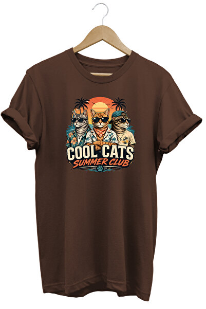 WİDİ تي شيرت Cool Cats Summer Club للجنسين مطبوع عليه قطة بتصميم صيفي عادي وي...