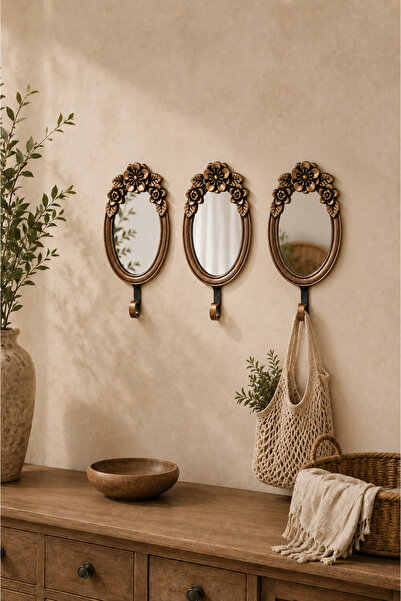 Tutku Home Aynalı Çiçek Askı 3'lü - Kahverengi 23*12 Cm