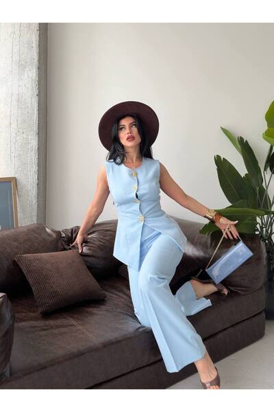 SUXİRCNHTMTS Asymmetrical Cut Design Buttoned Vest and Palazzo Trousers Two-P...