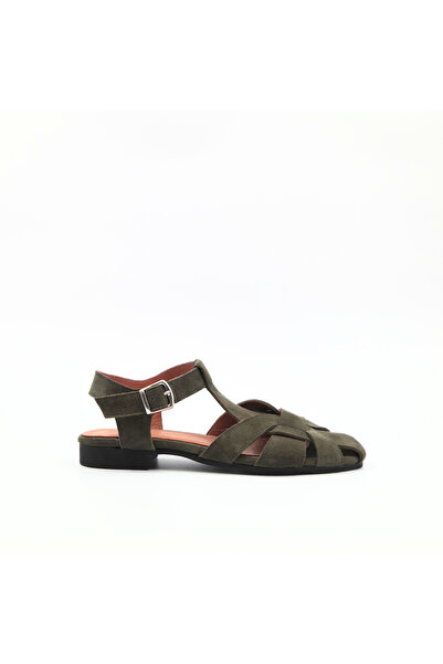 Folle Khaki Suede Genuine Leather Women's Sandals with Buckle Flat Sole Daily...