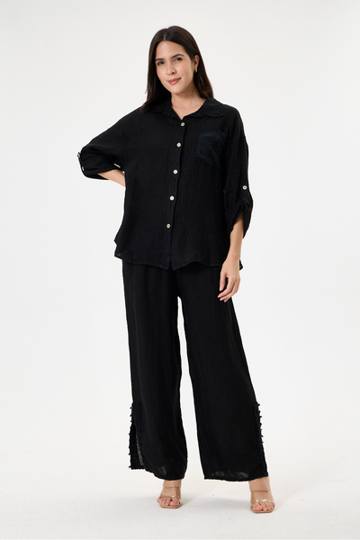 della moor Women's Black Italian 100% Linen Lace Back Low-Cut Top and Bottom ...