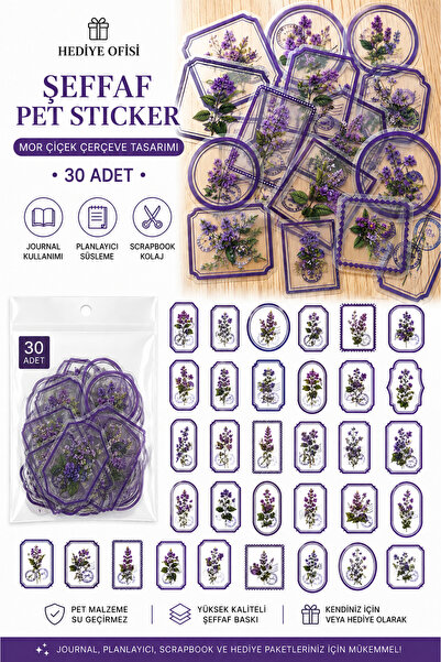 hediyeofisi 30'lu Mor Çiçek Temalı Şeffaf PET Sticker Seti | Journal ve Scrap...