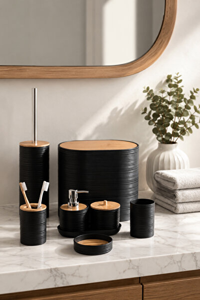 Porsima 4530 8 Parça Akrilik Banyo Seti - Bambu Kapaklı Çöp Kovası, Sabunluk,...