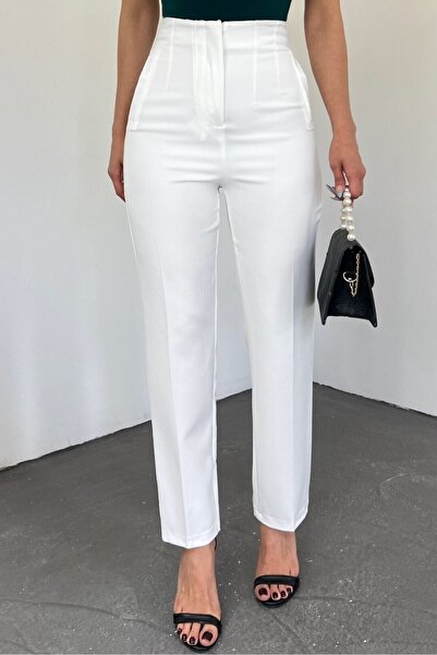 FERHEL Pantaloni de damă din material textil model Pensli - Alb