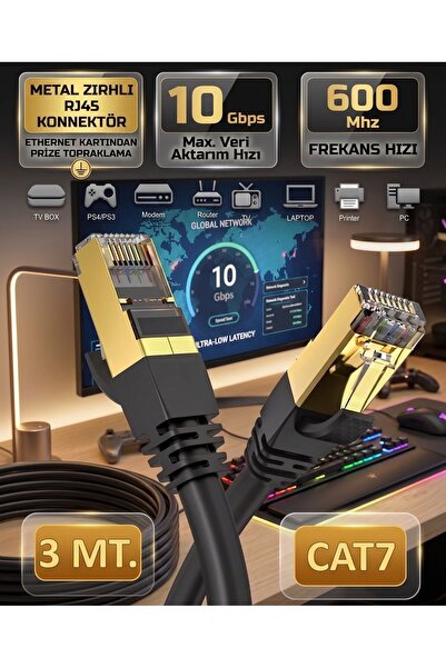 ZEYar Teknoloji Cat7 Ethernet Kablosu 15 Metre 10 Gbps 600 MHz Metal Zırhlı