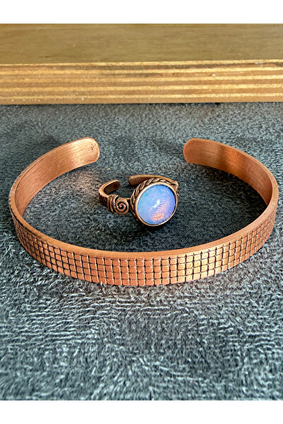 Rupen Kraft Handcrafted copper bracelet and natural stone ring set, adjustabl...
