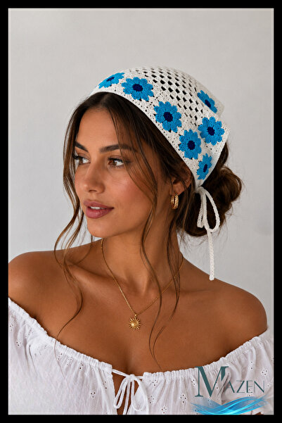 MAZEN Blue Hand Knitted Daisy Tied Women's Bandana Bonnet Bohemian Summer Hai...