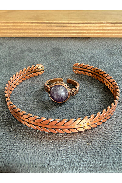 Rupen Kraft Handcrafted copper bracelet and natural stone ring set, adjustabl...