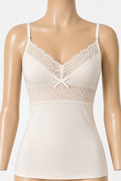 YILDIZ Lycra Adjustable Strap Lace Women's Undershirt Ecru 3-Pack