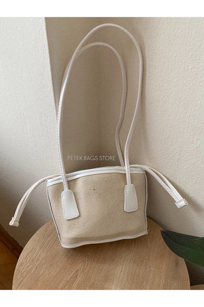 Petek Collection Ivory Drawstring Bucket Canvas Shoulder Bag