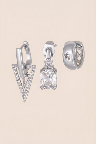 Hetra Silver Colored Zircon Stone Triangle and Crystal Baguette 3-Piece Earri...