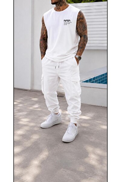 caddekombin Nasa Printed Zero Sleeve Round Neck White Sports T-Shirt / Tshirt