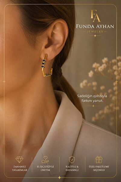 FTA TİCARET Funda Ayhan Black Stone Detailed Gold Color Geometric Women's Ear...