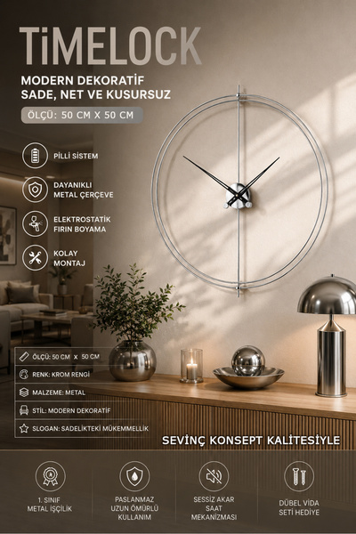 SEVİNÇ KONSEPT SİYAH Timelock (Büyük Boy 50 cm x 50 cm) Siyah Modern Dekorati...
