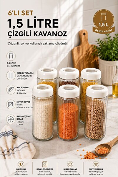 Tercih Home مجموعة من 6 قطع من البرطمانات الزجاجية المخططة ذات الغطاء الأبيض ...