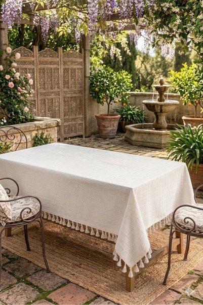 shules collection Aegean Breeze Tasseled Buldan Textured Tablecloth
