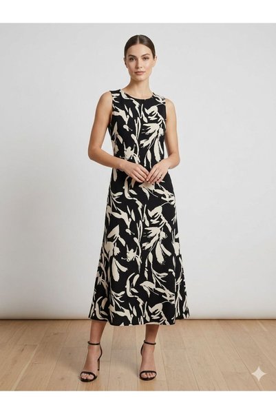520CK Women's Plus Size Black Cream Floral Pattern Sleeveless Midi Dress