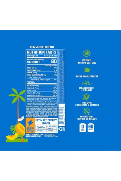 GORİLLA ENERGY Drink, Mango Coconut, 200mg Natural Caffeine, Real Fruit Juice, No Added Sugar, 12-Pack