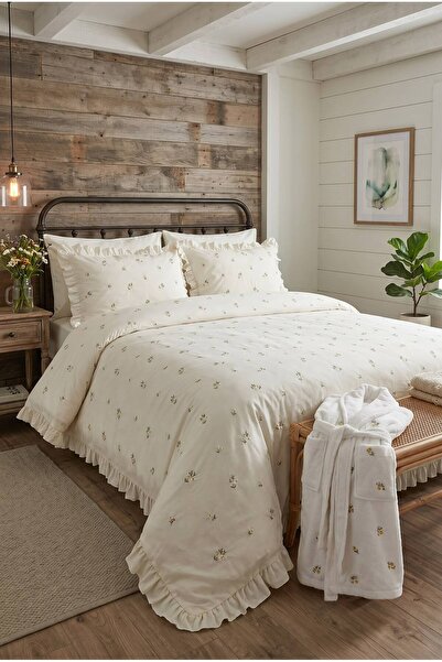 İK TEKSTİL Elora 100% Cotton Double Color Ruffled and Floral Embroidered 8 Pi...
