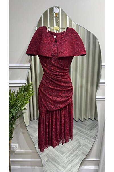 Mar style Elegant Cape Detailed Burgundy Lace Midi Dress