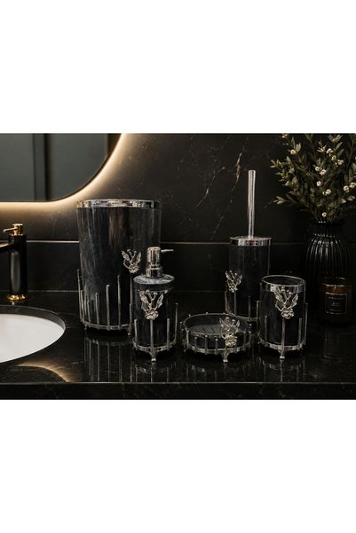 GLORİNDA HOME Luxury Gray Color Bathroom Set with Silver Details and Stick Accessories, 5 Pieces