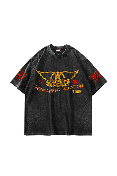 Sekizbiraltı Washable Black Aerosmith Permanent Vacation Tour Printed Oversiz...