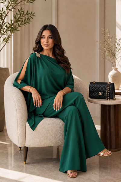 waedline Poncho Set with Wide-Leg Pants - green - 48