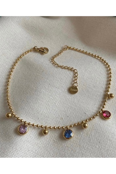 SU PERİSİ TAKI BİJUTERİ Steel Gold Colored Zircon Stone Dorika Detailed Anklet
