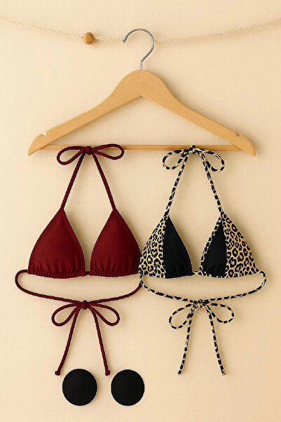 kapsulavm Women's Leopard Print and Burgundy Minimal Cut Triangle Bikini Top