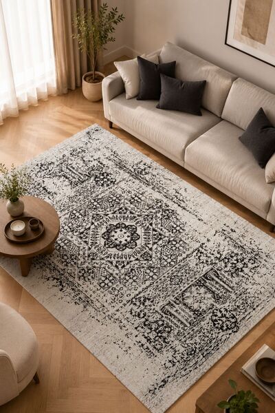 Oriente Home Talya Serisi Antrasit Retro Yıkanabilir Kaymaz Taban Şönil Salon...