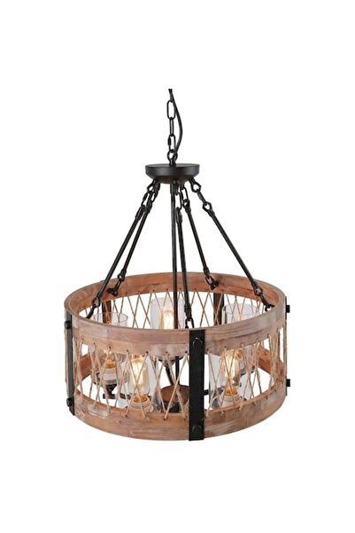 Cojom Lustra Dream Farm Round 5, rustic vintage, 3xE27, lemn maro cu metal ne...