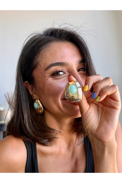 Merishe Jewerly Gold Green Stone Asymmetrical Anti-Allergic Anti-Tarnish Earrings