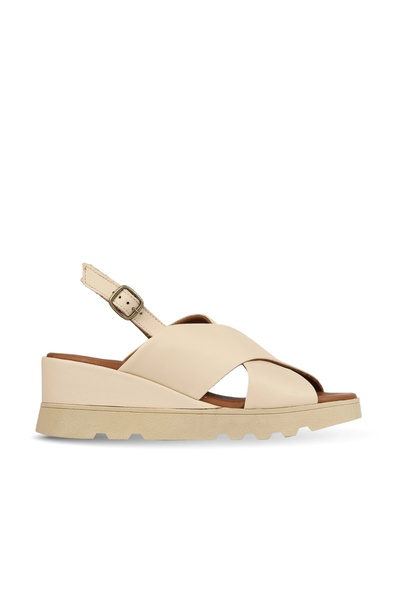 BUENO Beige Leather Women's Wedge Heeled Sandals