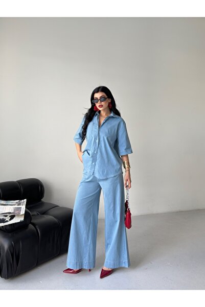 D'RECCY Women's Blue Shirt Wide Leg Denim Tencel Two-Piece Set