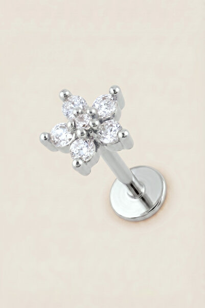 Hetra Gümüş Renkli Cerrahi Çelik Çiçek Figürlü Flatback Piercing - Helix, Con...