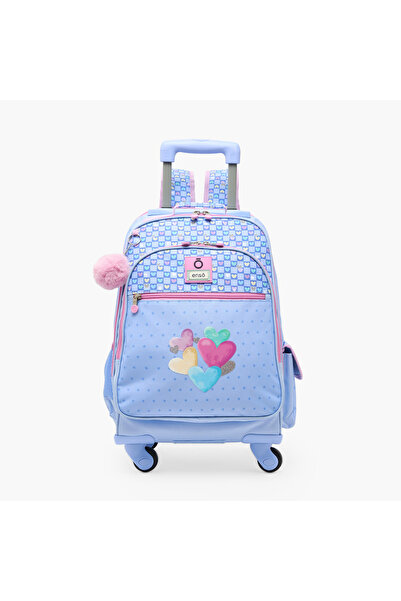 Enso Heart Print Trolley Backpack for Girls 8-13 Years with Pom-Pom Accent - ...
