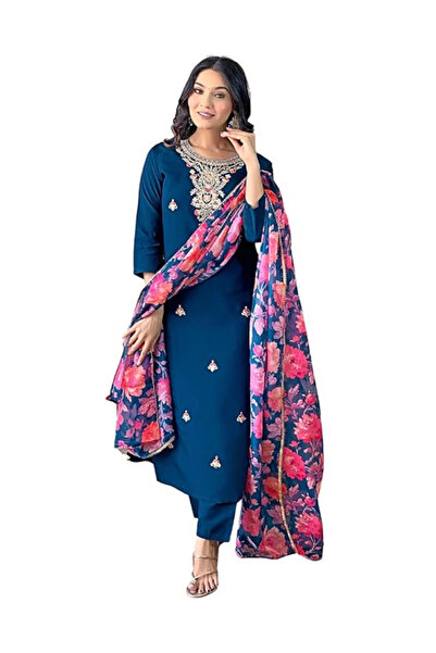 MYSMAR Teal Blue Straight Kurta Set with Floral Printed Dupatta-AMZ1007-Teal ...