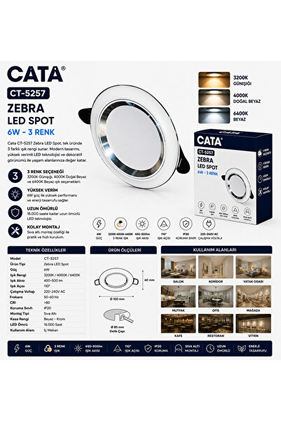 Cata CT-5257 Zebra LED Spot 6W 3 Renk Beyaz Krom Sıva Altı LED Armatür